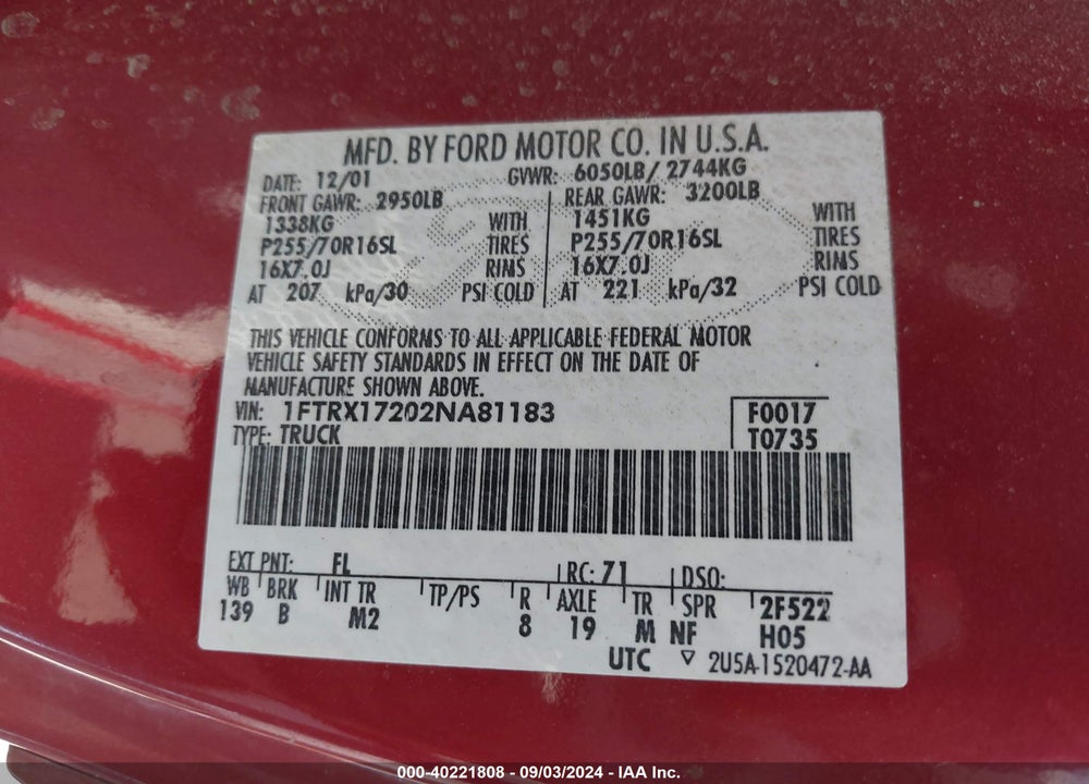 2002 FORD F-150 XL/XLT VIN: 1FTRX17202NA81183