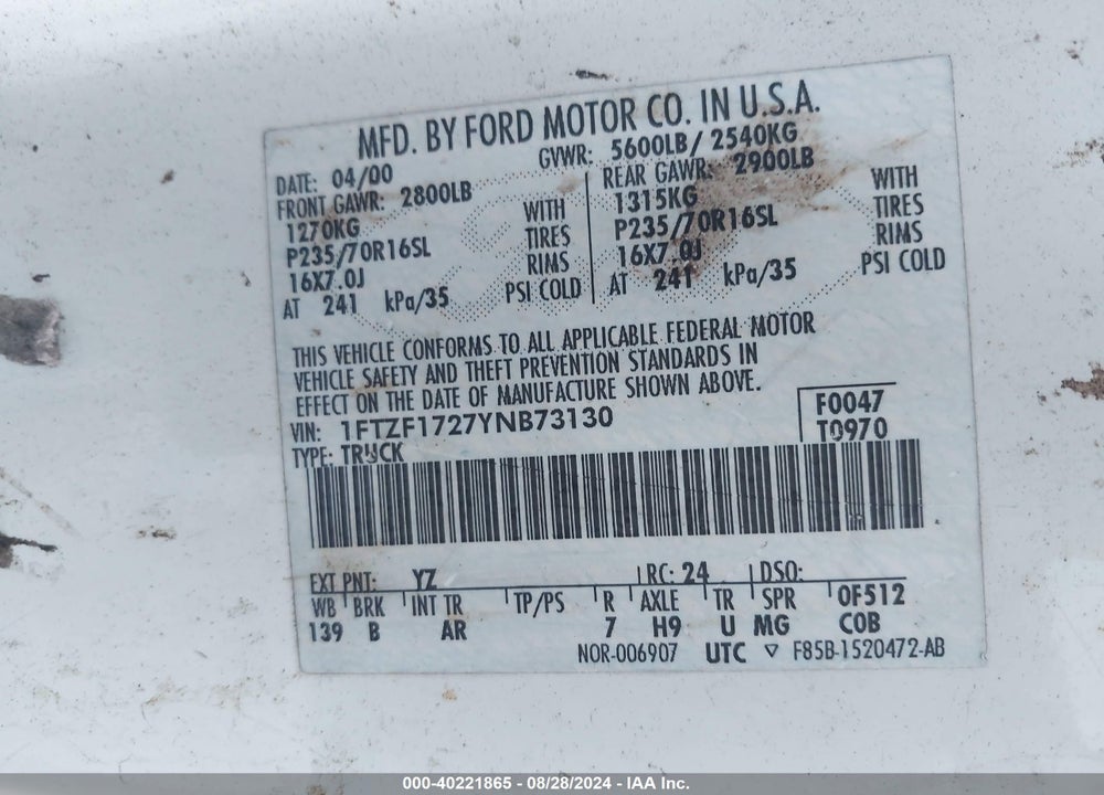 2000 FORD F-150 WORK SERIES/XL/XLT VIN: 1FTZF1727YNB73130
