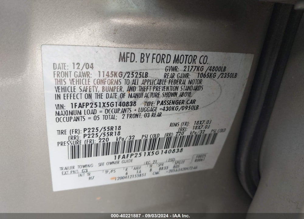 2005 FORD FIVE HUNDRED VIN: 1FAFP251X5G140838