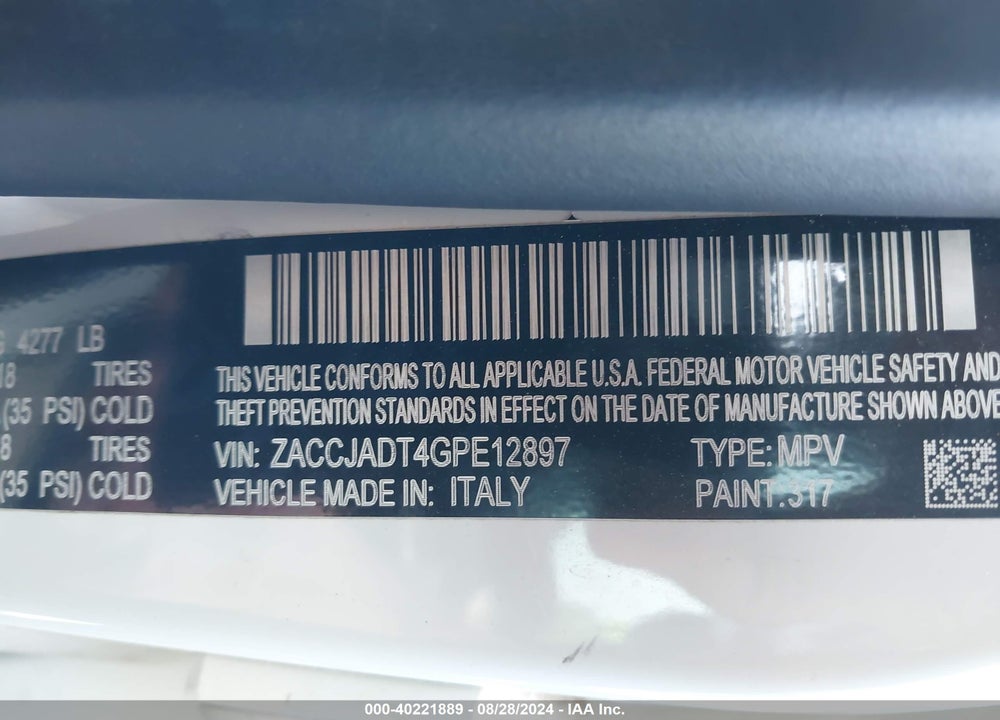 2016 JEEP RENEGADE LIMITED VIN: ZACCJADT4GPE12897