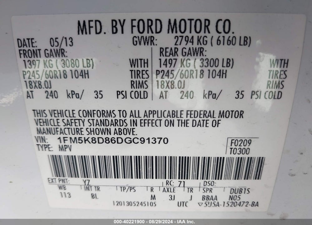 2013 FORD EXPLORER XLT VIN: 1FM5K8D86DGC91370