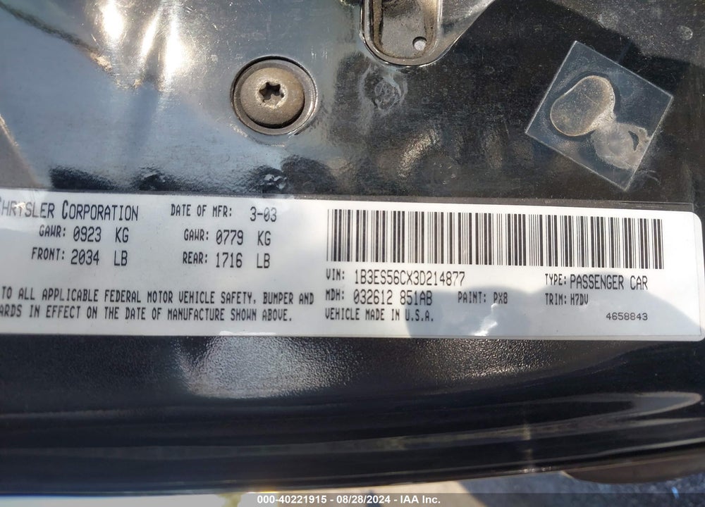 2003 DODGE NEON SXT VIN: 1B3ES56CX3D214877