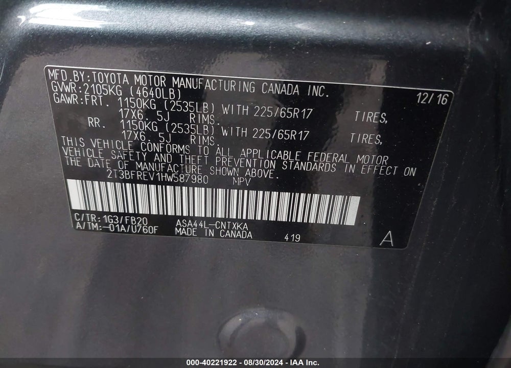 2017 TOYOTA RAV4 LE VIN: 2T3BFREV1HW587980