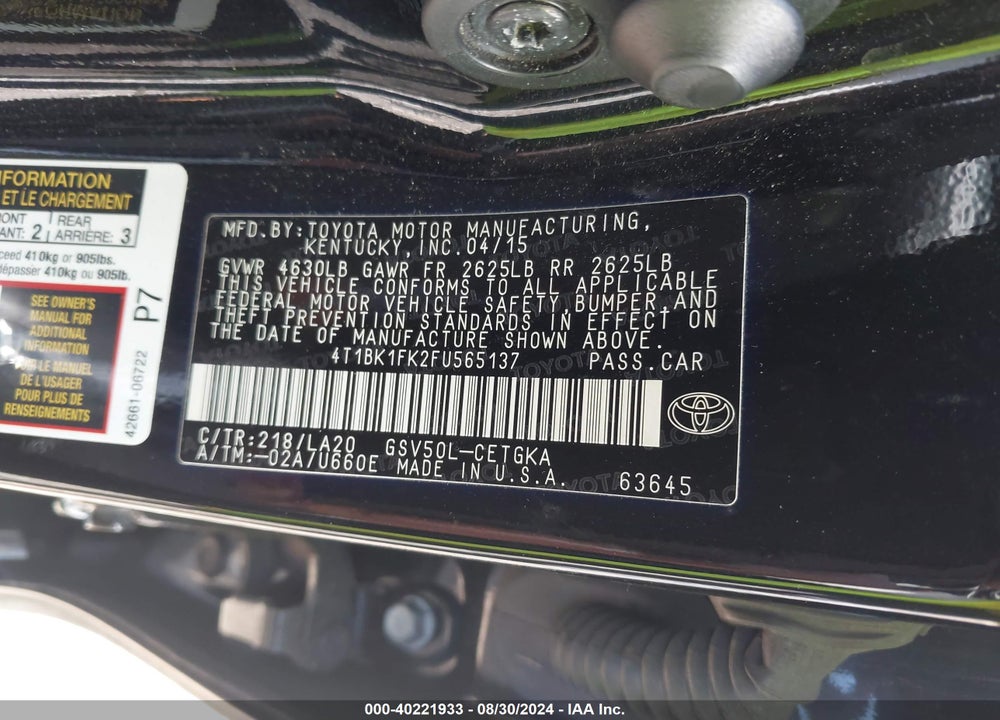 2015 TOYOTA CAMRY VIN: 4T1BK1FK2FU565137