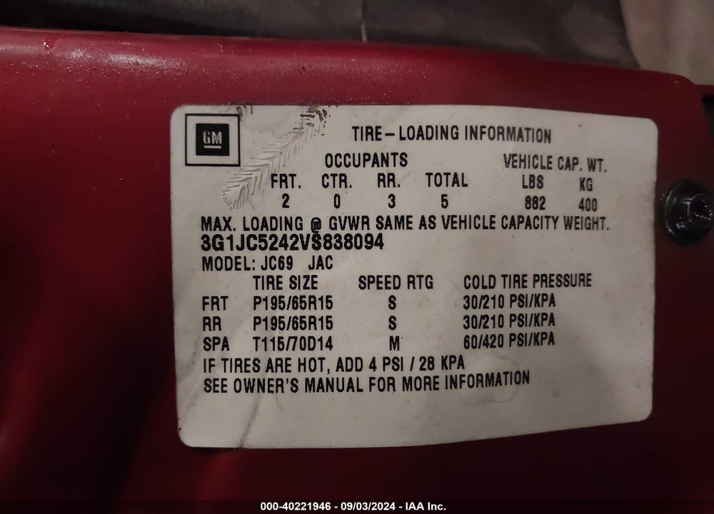 1997 CHEVROLET CAVALIER VIN: 3G1JC5242VS838094