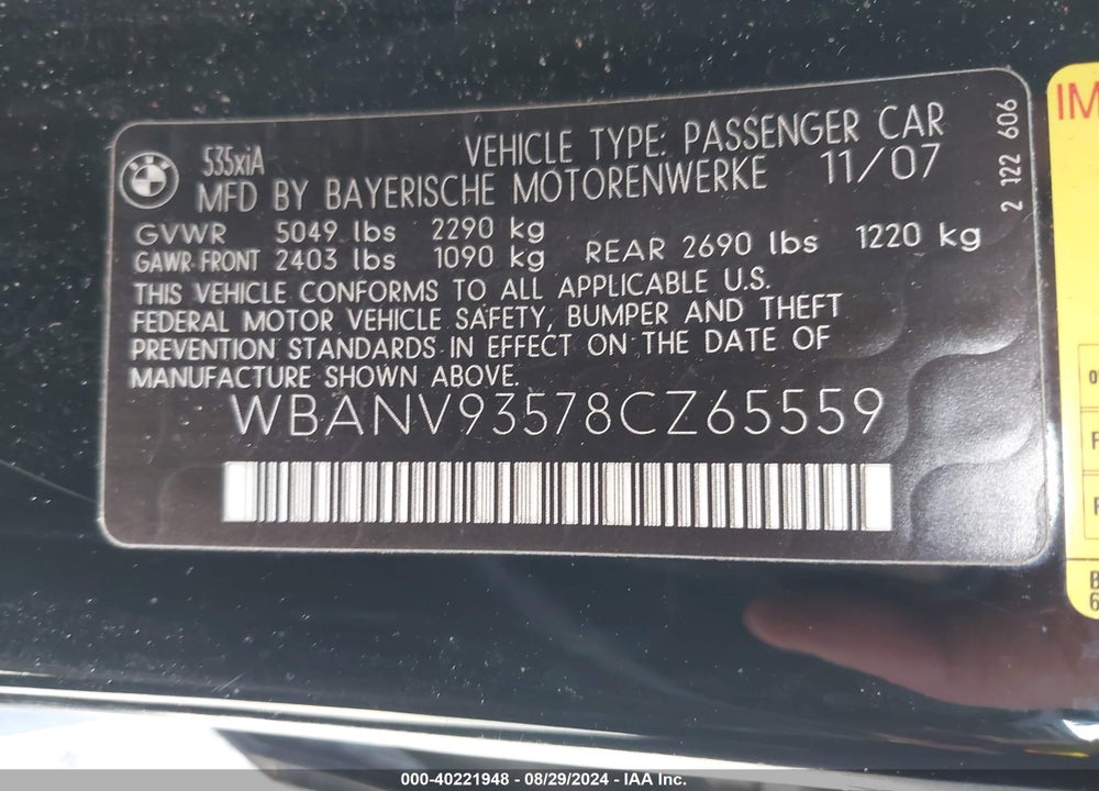 2008 BMW 535XI VIN: WBANV93578CZ65559