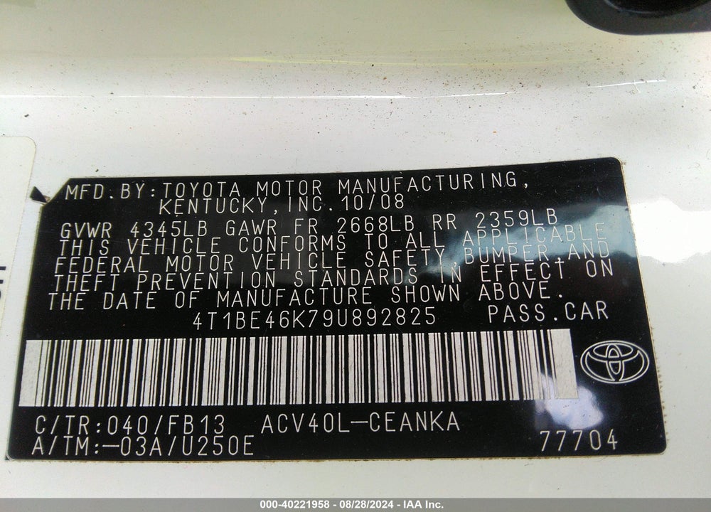 2009 TOYOTA CAMRY VIN: 4T1BE46K79U892825
