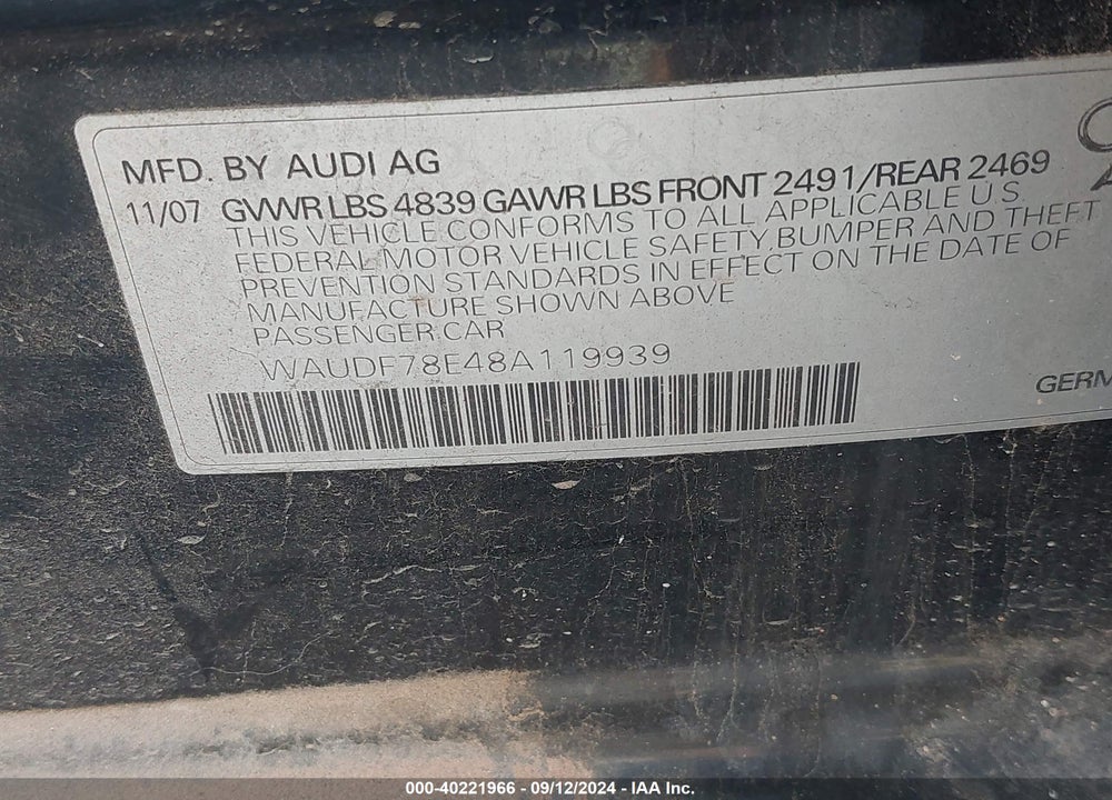 2008 AUDI A4 2.0T/2.0T SPECIAL EDITION VIN: WAUDF78E48A119939