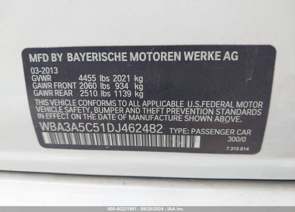 2013 BMW 328I VIN: WBA3A5C51DJ462482