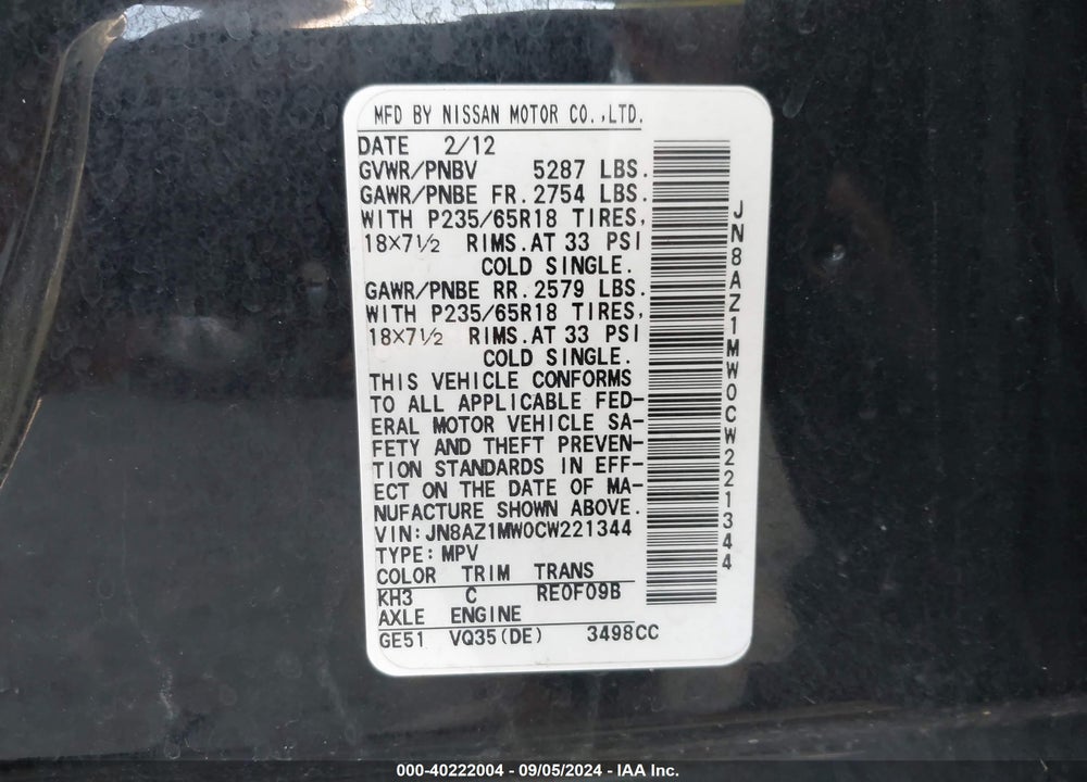 2012 NISSAN MURANO S VIN: JN8AZ1MW0CW221344