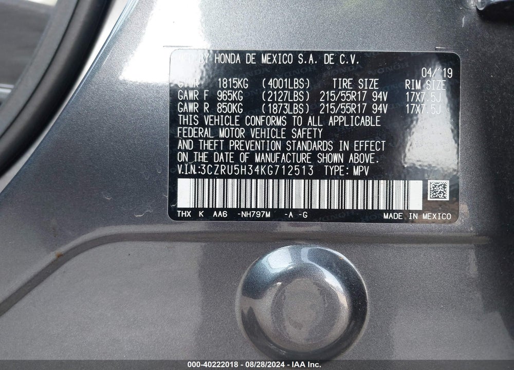 2019 HONDA HR-V LX VIN: 3CZRU5H34KG712513