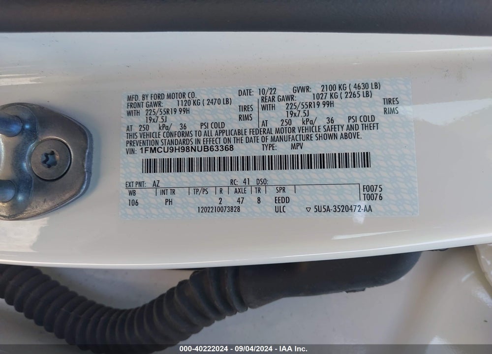 2022 FORD ESCAPE SEL VIN: 1FMCU9H98NUB63368