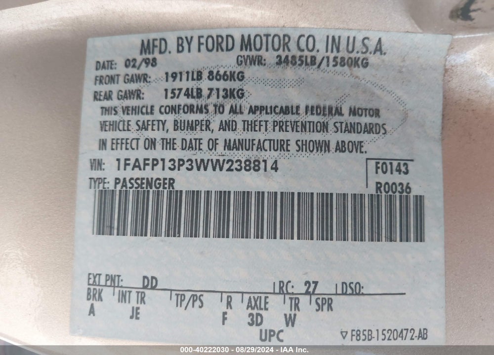 1998 FORD ESCORT VIN: 1FAFP13P3WW238814