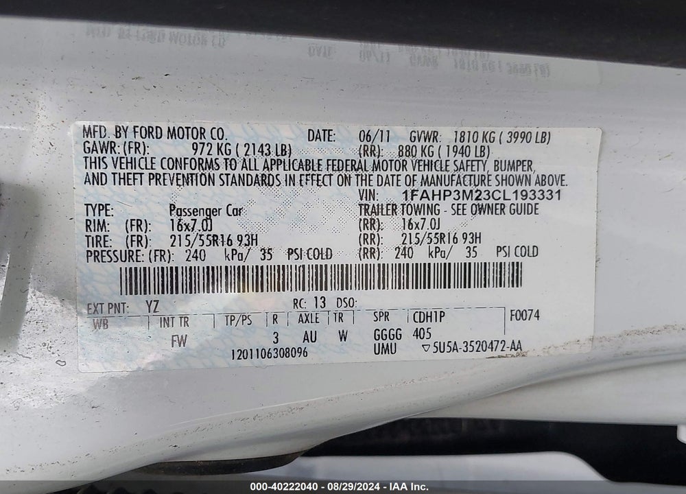 2012 FORD FOCUS SEL VIN: 1FAHP3M23CL193331