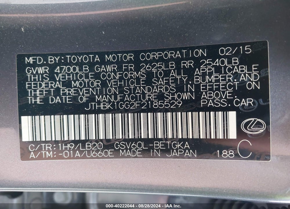2015 LEXUS ES 350 VIN: JTHBK1GG2F2185529