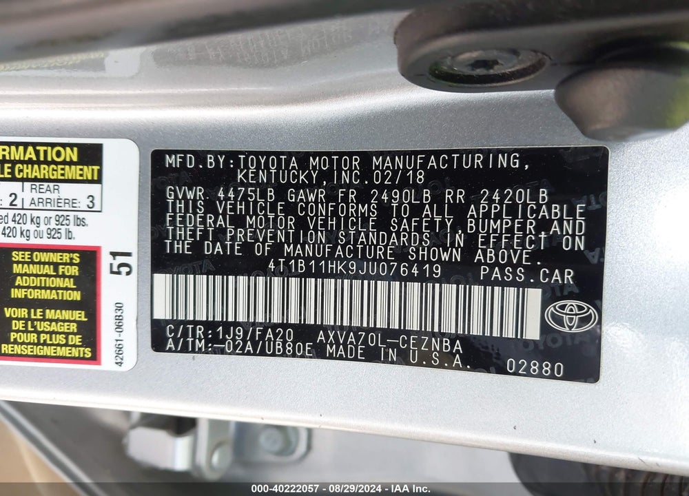 2018 TOYOTA CAMRY LE VIN: 4T1B11HK9JU076419
