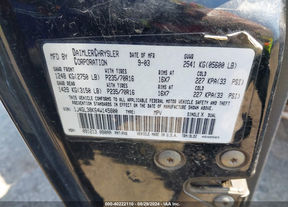 2004 JEEP LIBERTY RENEGADE VIN: 1J4GL38K64W145800