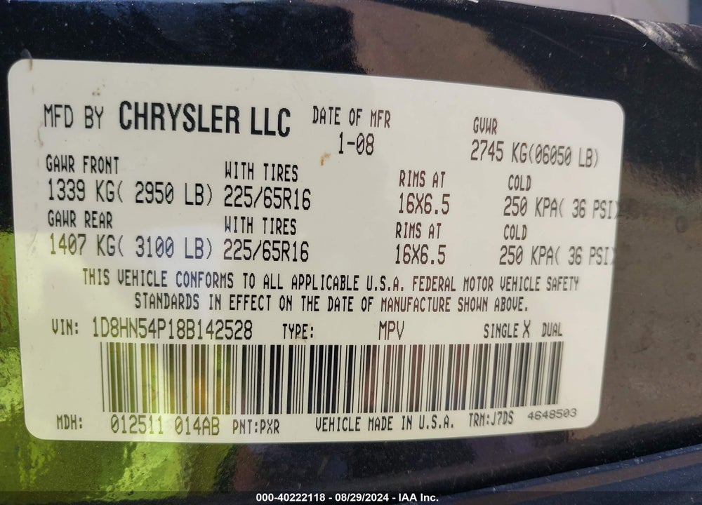 2008 DODGE GRAND CARAVAN SXT VIN: 1D8HN54P18B142528