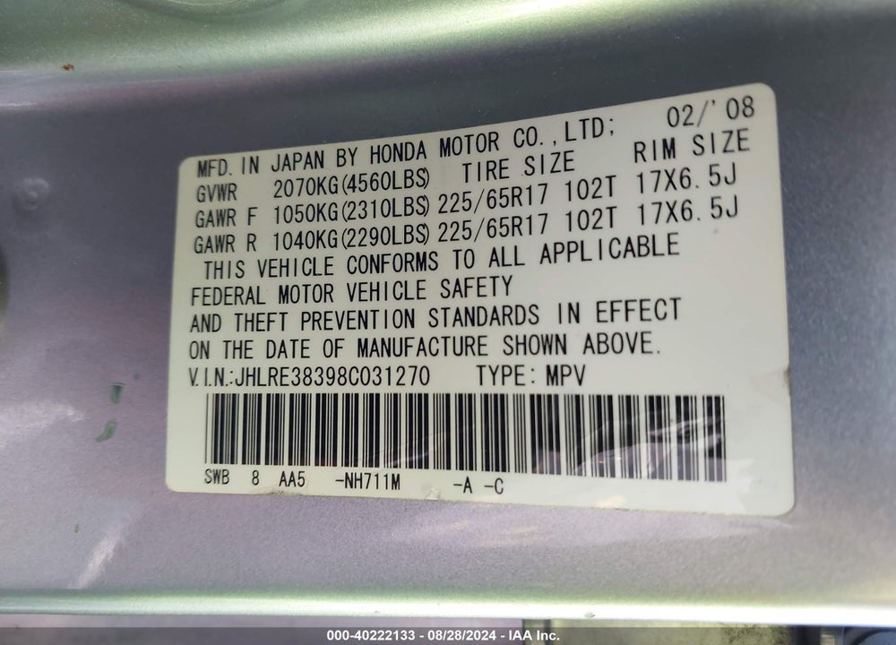 2008 HONDA CR-V LX VIN: JHLRE38398C031270