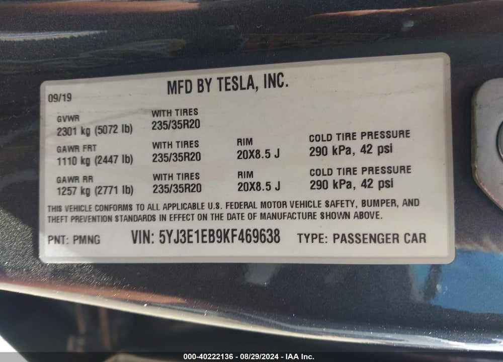 2019 TESLA MODEL 3 LONG RANGE/PERFORMANCE VIN: 5YJ3E1EB9KF469638