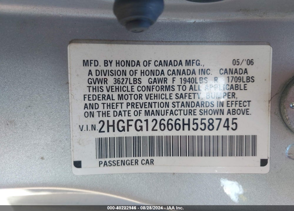2006 HONDA CIVIC VIN: 2HGFG12666H558745
