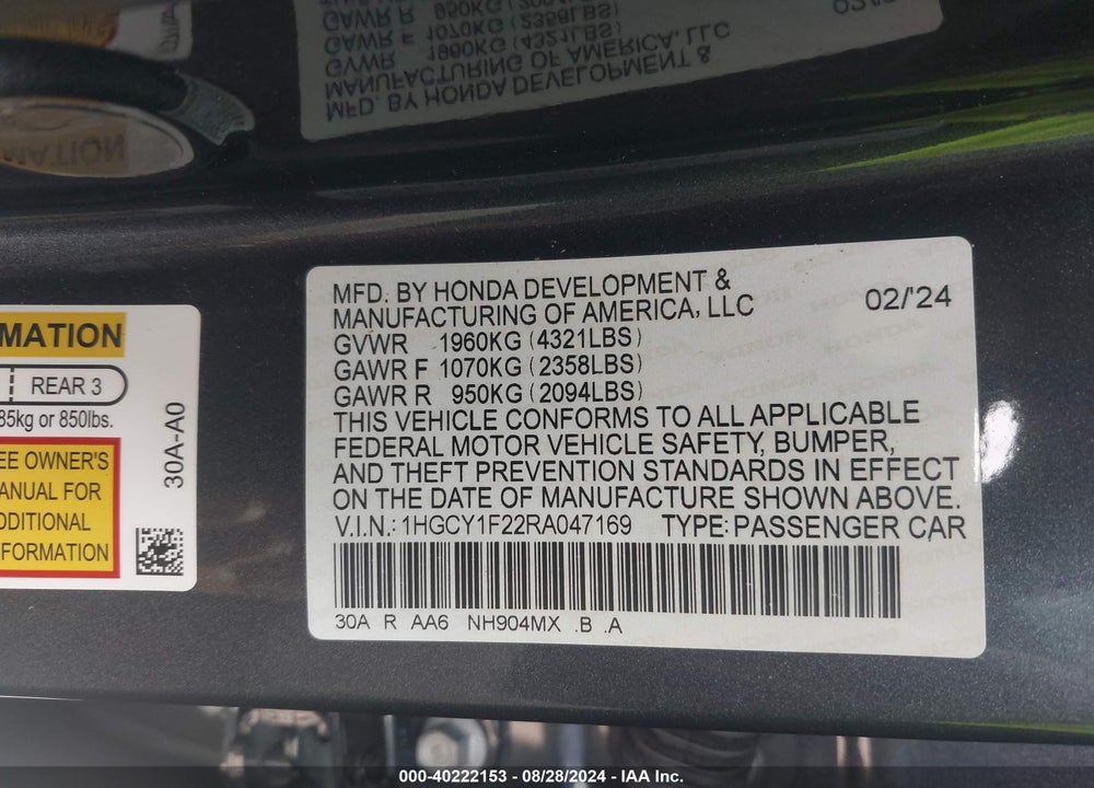 2024 HONDA ACCORD LX VIN: 1HGCY1F22RA047169