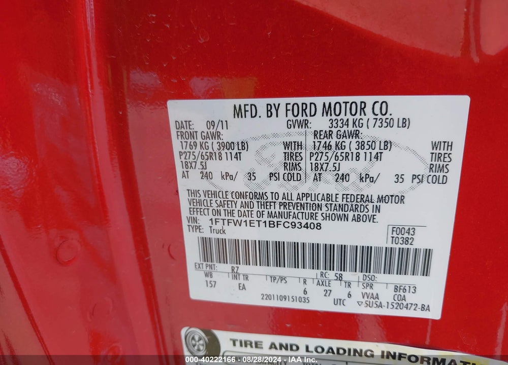 2011 FORD F-150 LARIAT VIN: 1FTFW1ET1BFC93408