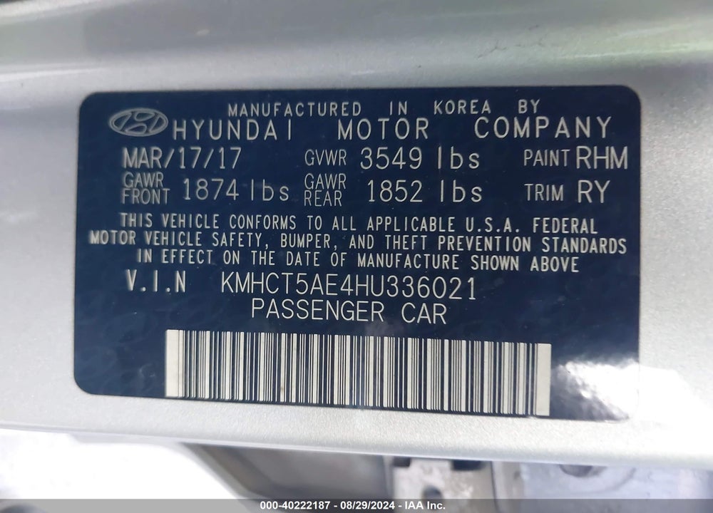 2017 HYUNDAI ACCENT SE VIN: KMHCT5AE4HU336021
