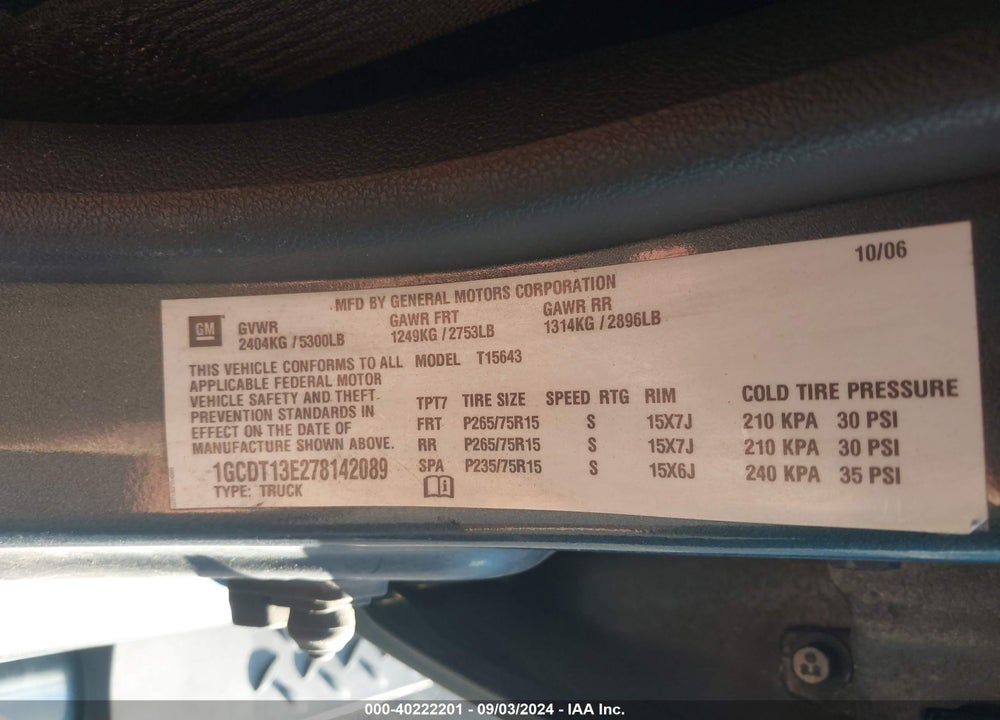 2007 CHEVROLET COLORADO VIN: 1GCDT13E278142089