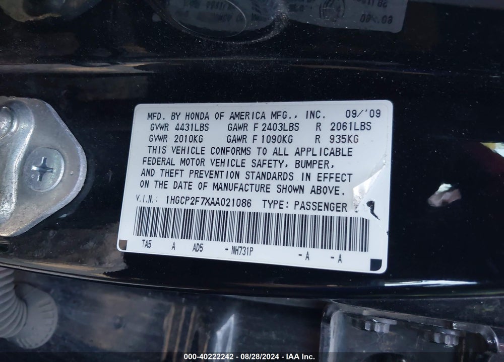 2010 HONDA ACCORD 2.4 EX VIN: 1HGCP2F7XAA021086