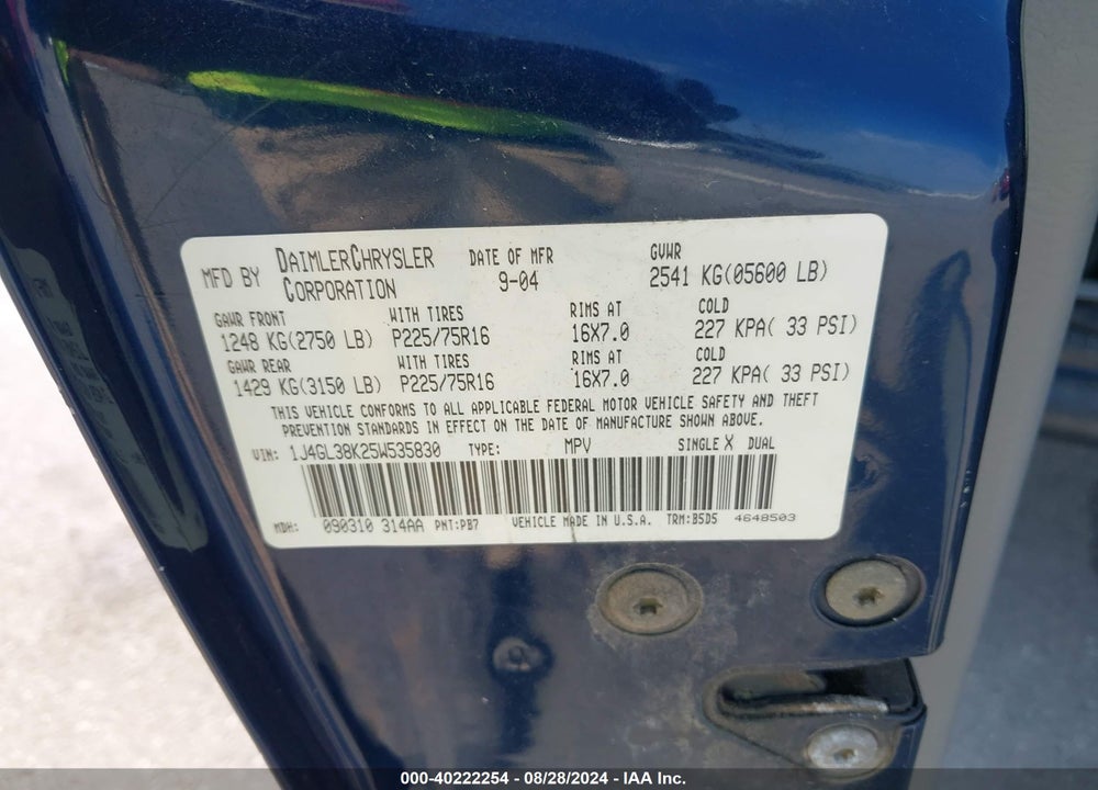 2005 JEEP LIBERTY VIN: 1J4GL38K25W535830