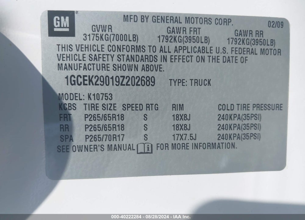 2009 CHEVROLET SILVERADO 1500 LT VIN: 1GCEK29019Z202689