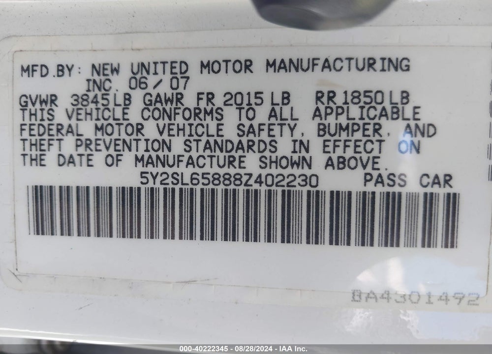 2008 PONTIAC VIBE VIN: 5Y2SL65888Z402230