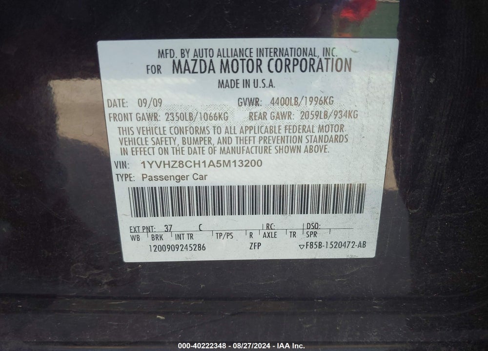 2010 MAZDA 6 I TOURING PLUS VIN: 1YVHZ8CH1A5M13200