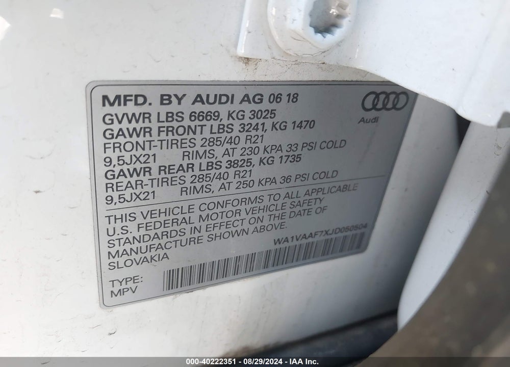 2018 AUDI Q7 3.0T PREMIUM VIN: WA1VAAF7XJD050504