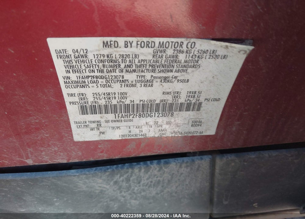 2013 FORD TAURUS VIN: 1FAHP2F80DG123078