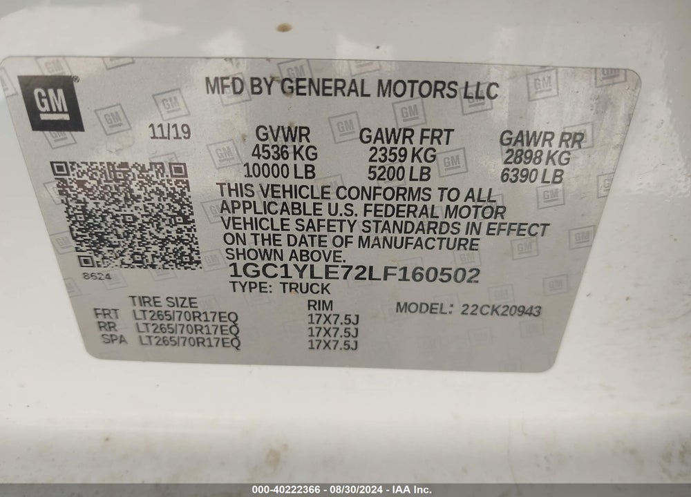 2020 CHEVROLET SILVERADO 2500HD 4WD LONG BED WT VIN: 1GC1YLE72LF160502