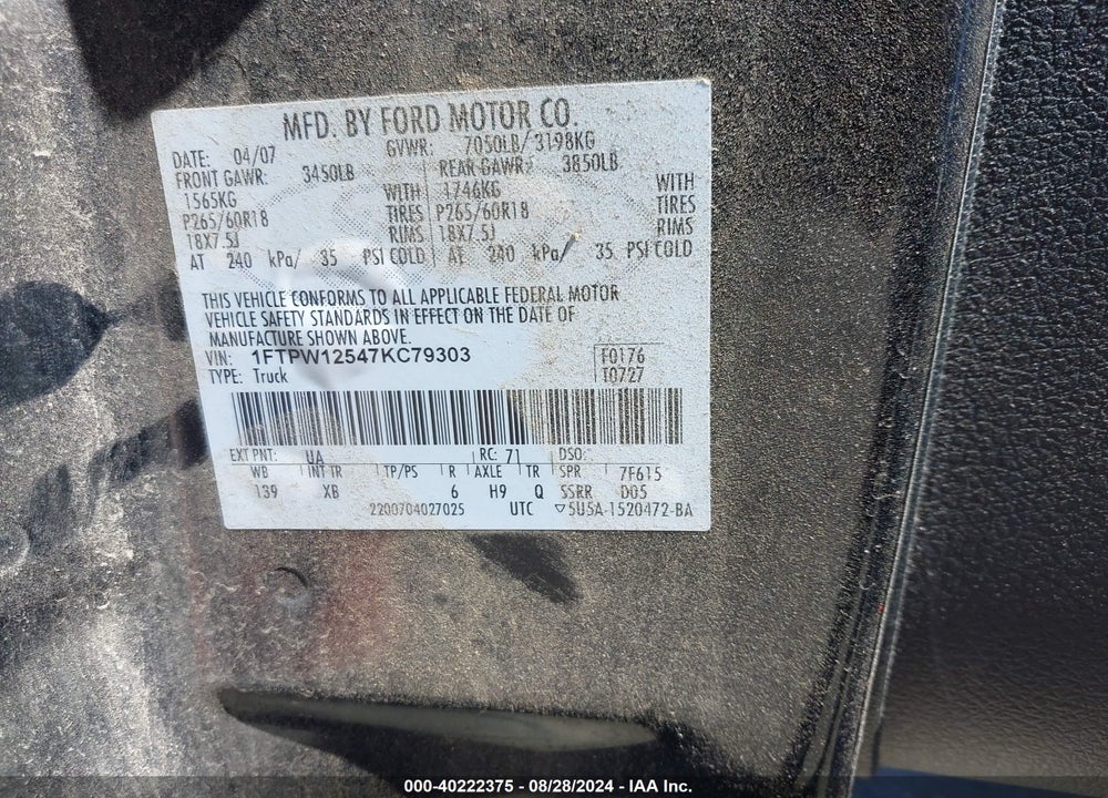 2007 FORD F-150 LARIAT/XLT VIN: 1FTPW12547KC79303