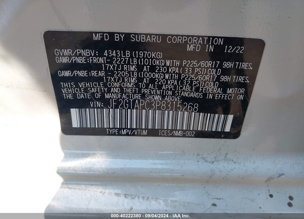 2023 SUBARU CROSSTREK PREMIUM VIN: JF2GTAPC3P8315268