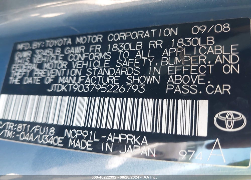 2009 TOYOTA YARIS VIN: JTDKT903795226793