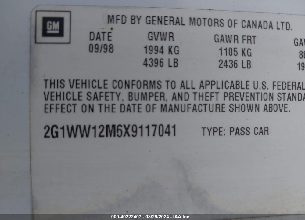 1999 CHEVROLET MONTE CARLO LS VIN: 2G1WW12M6X9117041