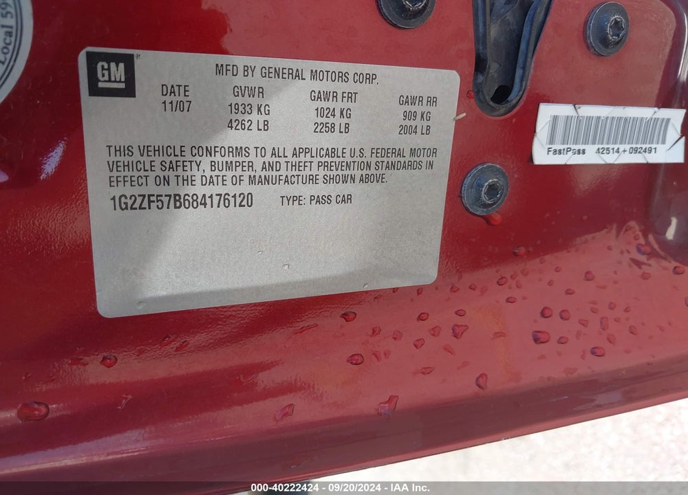 2008 PONTIAC G6 VALUE LEADER VIN: 1G2ZF57B684176120