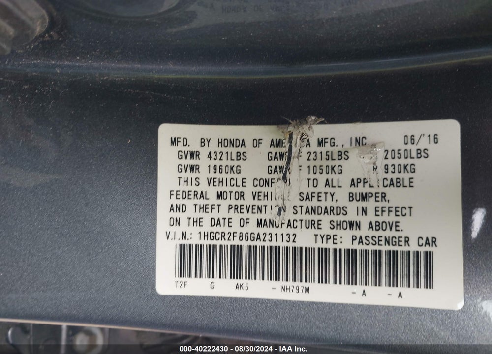 2016 HONDA ACCORD EX-L VIN: 1HGCR2F86GA231132