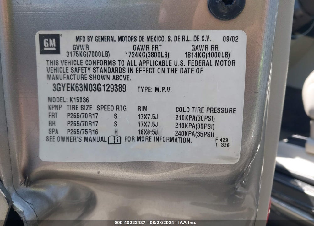 2003 CADILLAC ESCALADE EXT STANDARD VIN: 3GYEK63N03G129389