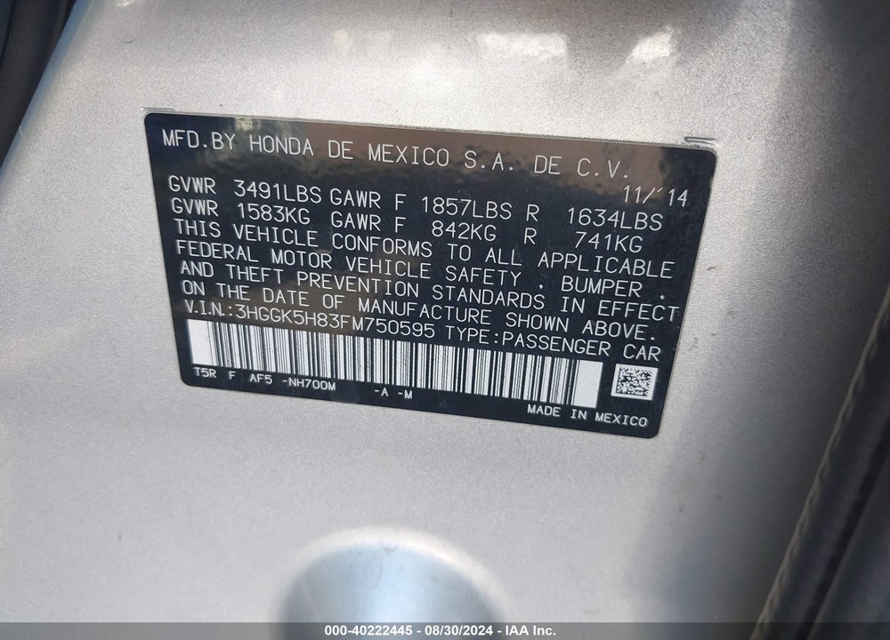 2015 HONDA FIT EX/EX-L VIN: 3HGGK5H83FM750595