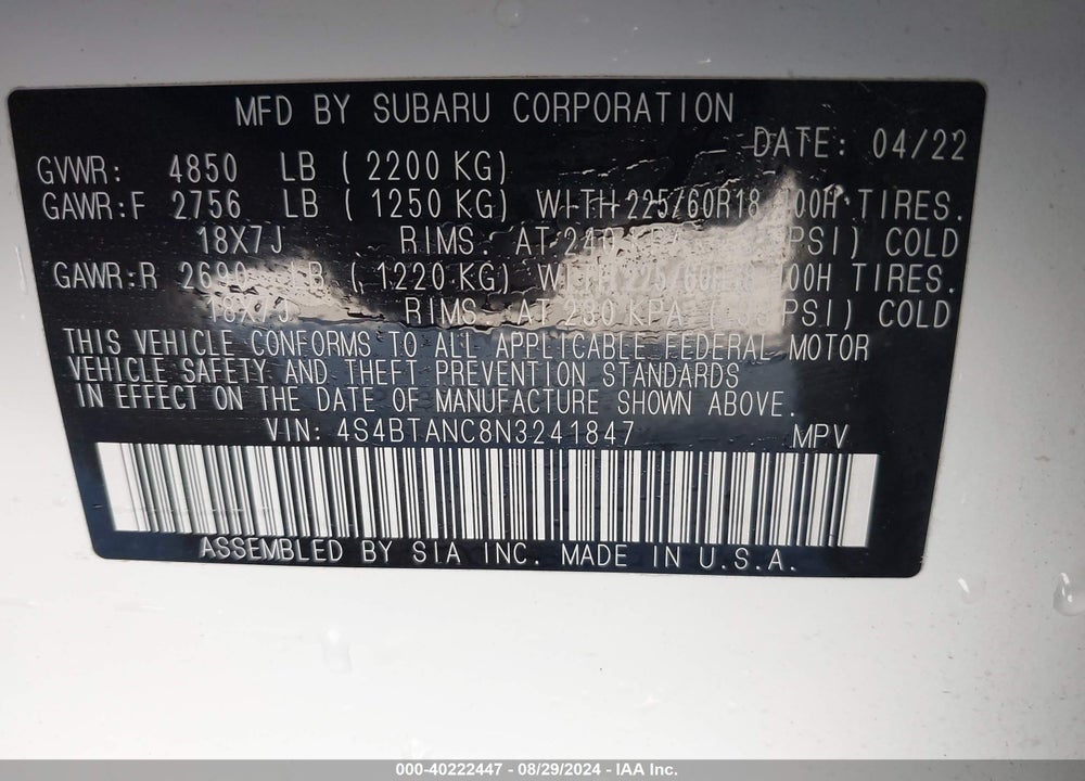 2022 SUBARU OUTBACK LIMITED VIN: 4S4BTANC8N3241847