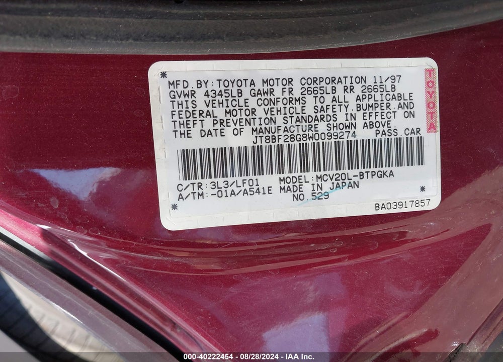 1998 LEXUS ES 300 VIN: JT8BF28G8W0099274