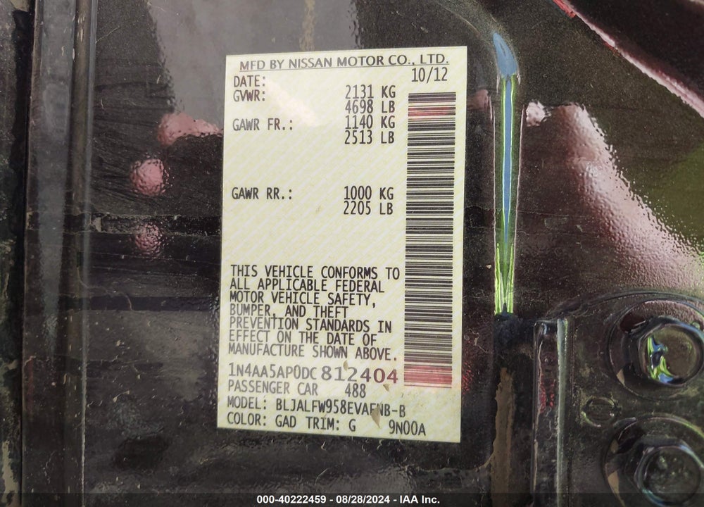 2013 NISSAN MAXIMA 3.5 SV VIN: 1N4AA5AP0DC812404