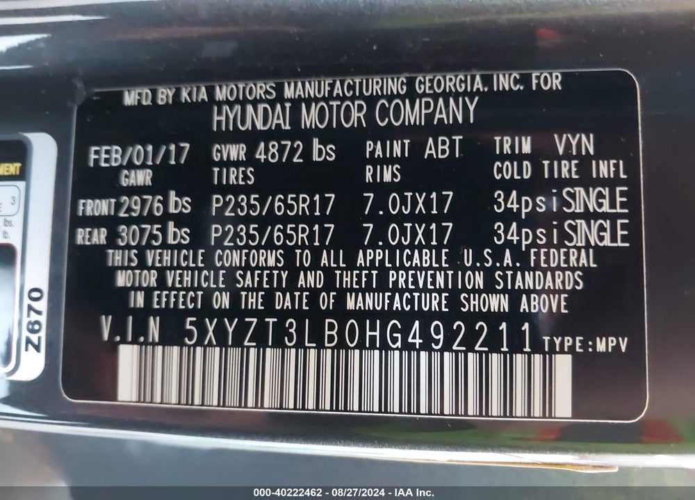2017 HYUNDAI SANTA FE SPORT 2.4L VIN: 5XYZT3LB0HG492211
