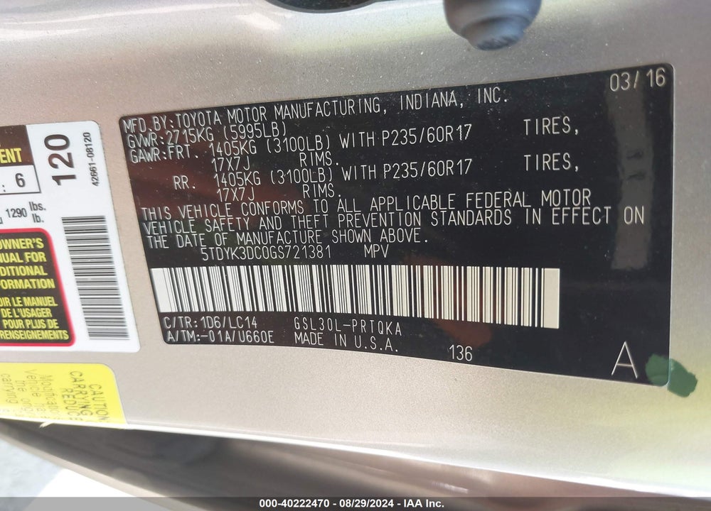 2016 TOYOTA SIENNA XLE PREMIUM 8 PASSENGER VIN: 5TDYK3DC0GS721381